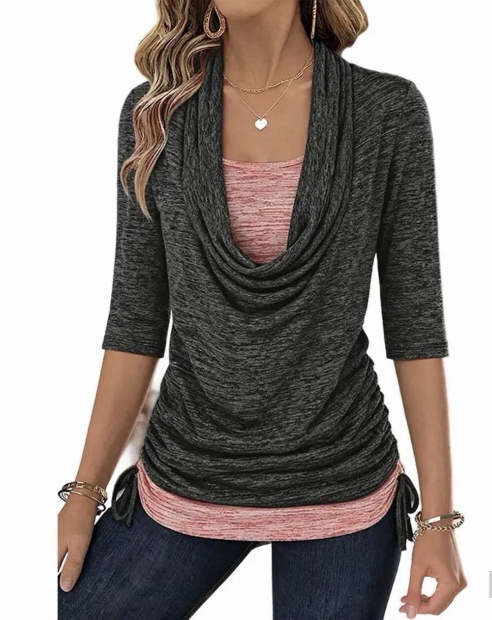 NWT Flamingals Layered Cowl Neck Top Gray Coral Ruched Side Tie 3/4 Sleeve Large